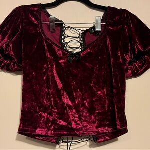 NWT Widow Dollskill red crushed Velvet Lace-up back Crop Top size Large